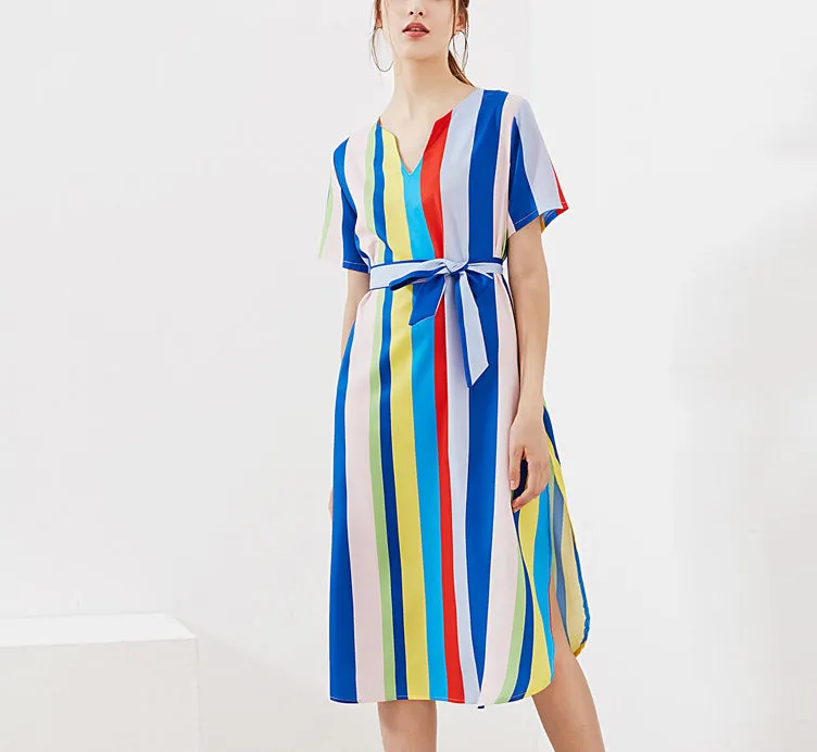 Printed V-neck Lace-up Short-sleeved Rainbow Dress