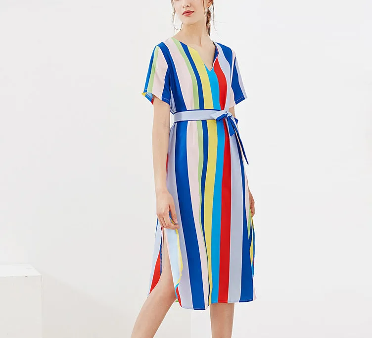 Printed V-neck Lace-up Short-sleeved Rainbow Dress