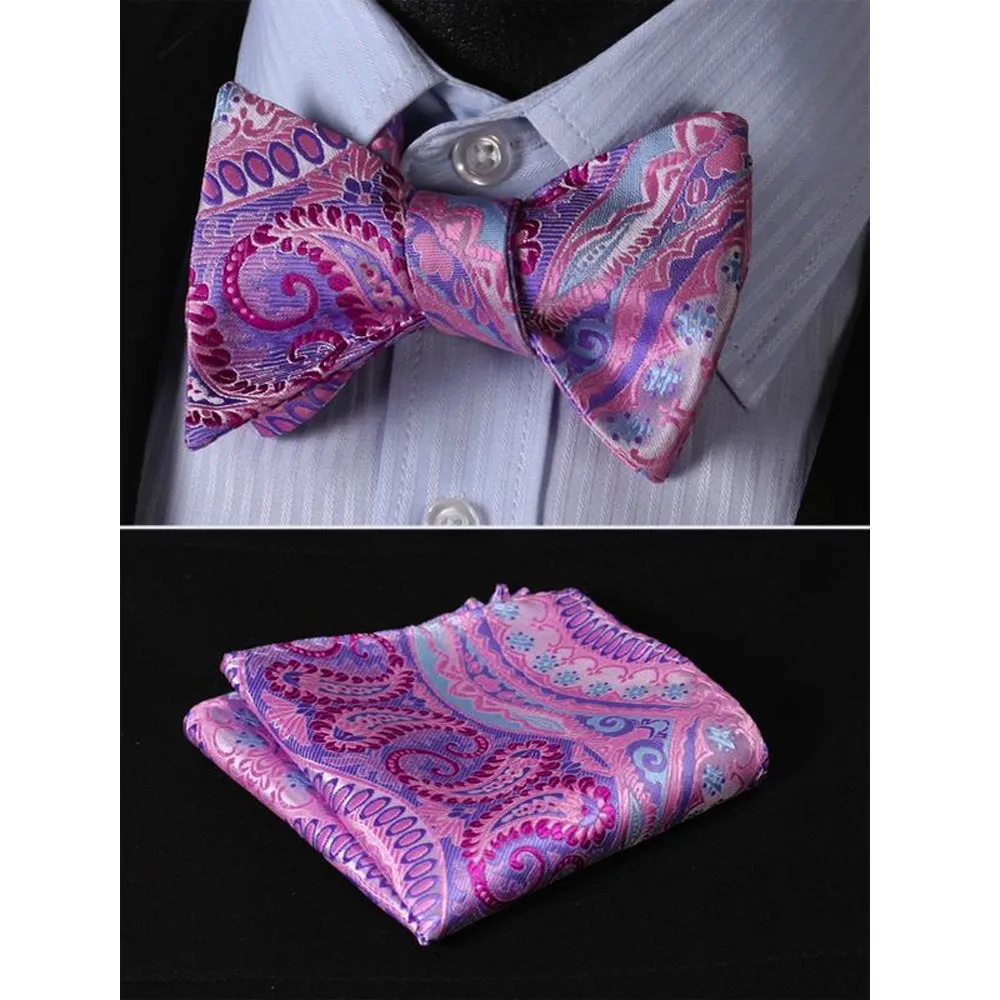Purple Mens Silk Self tie Bow Tie with Pocket Squares Set