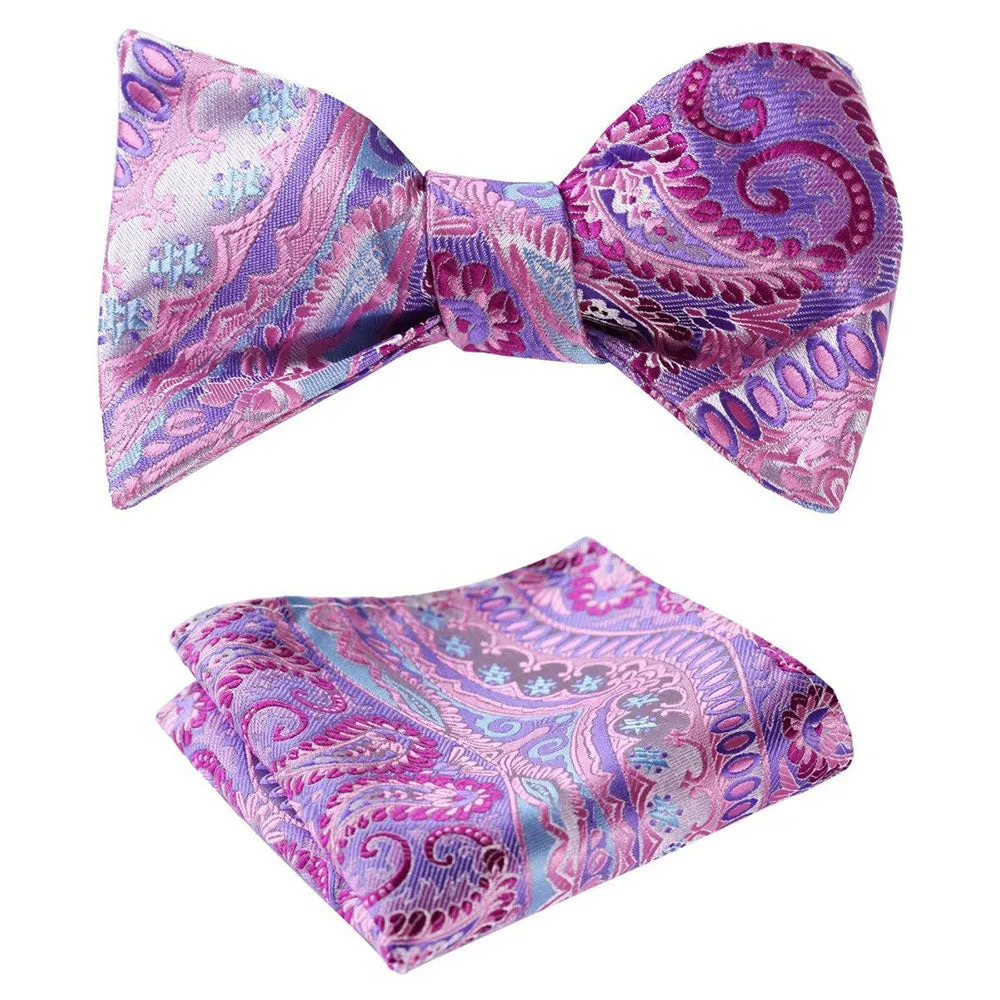 Purple Mens Silk Self tie Bow Tie with Pocket Squares Set