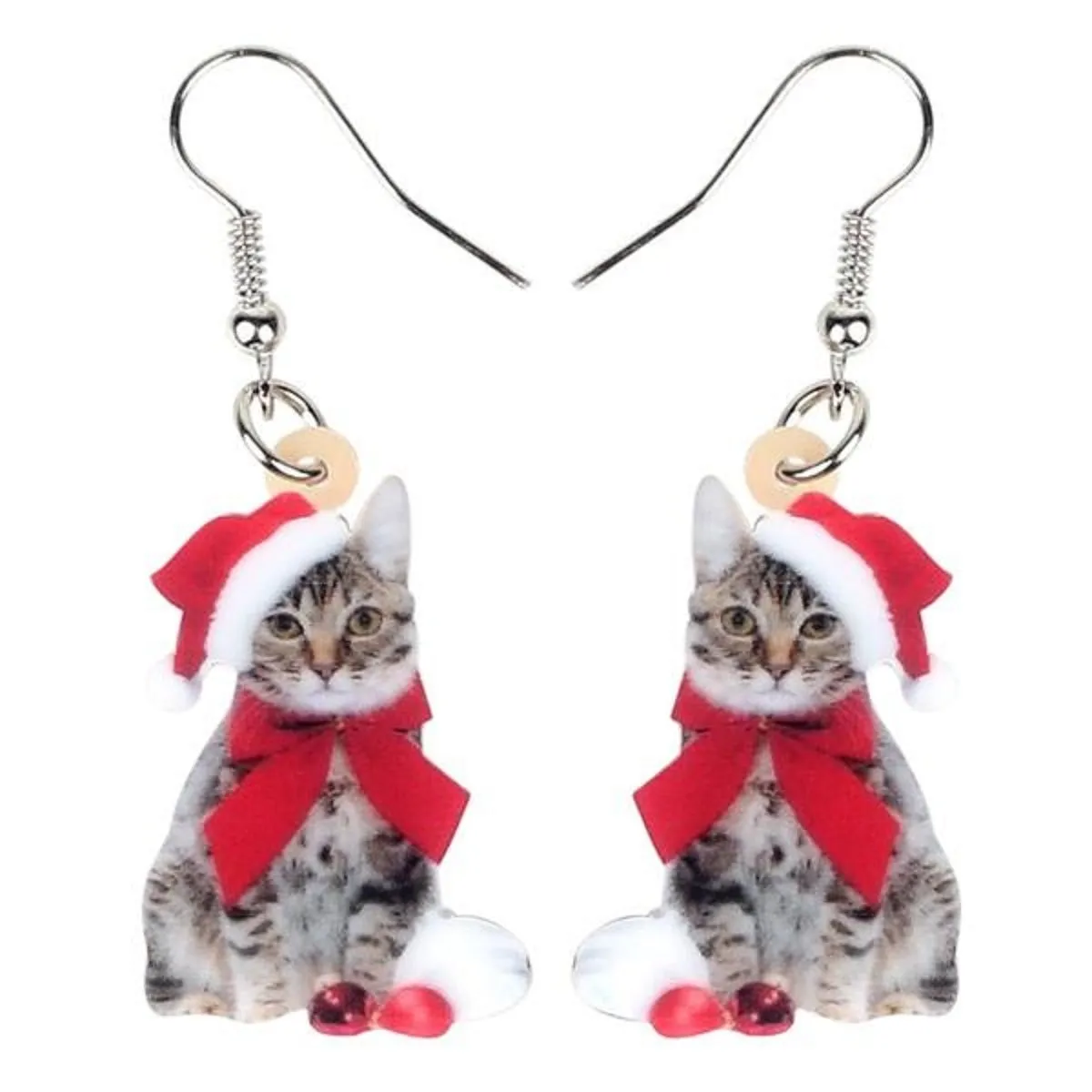Red Acrylic Christmas Kitten Earrings - One Pair with Random Design and Color