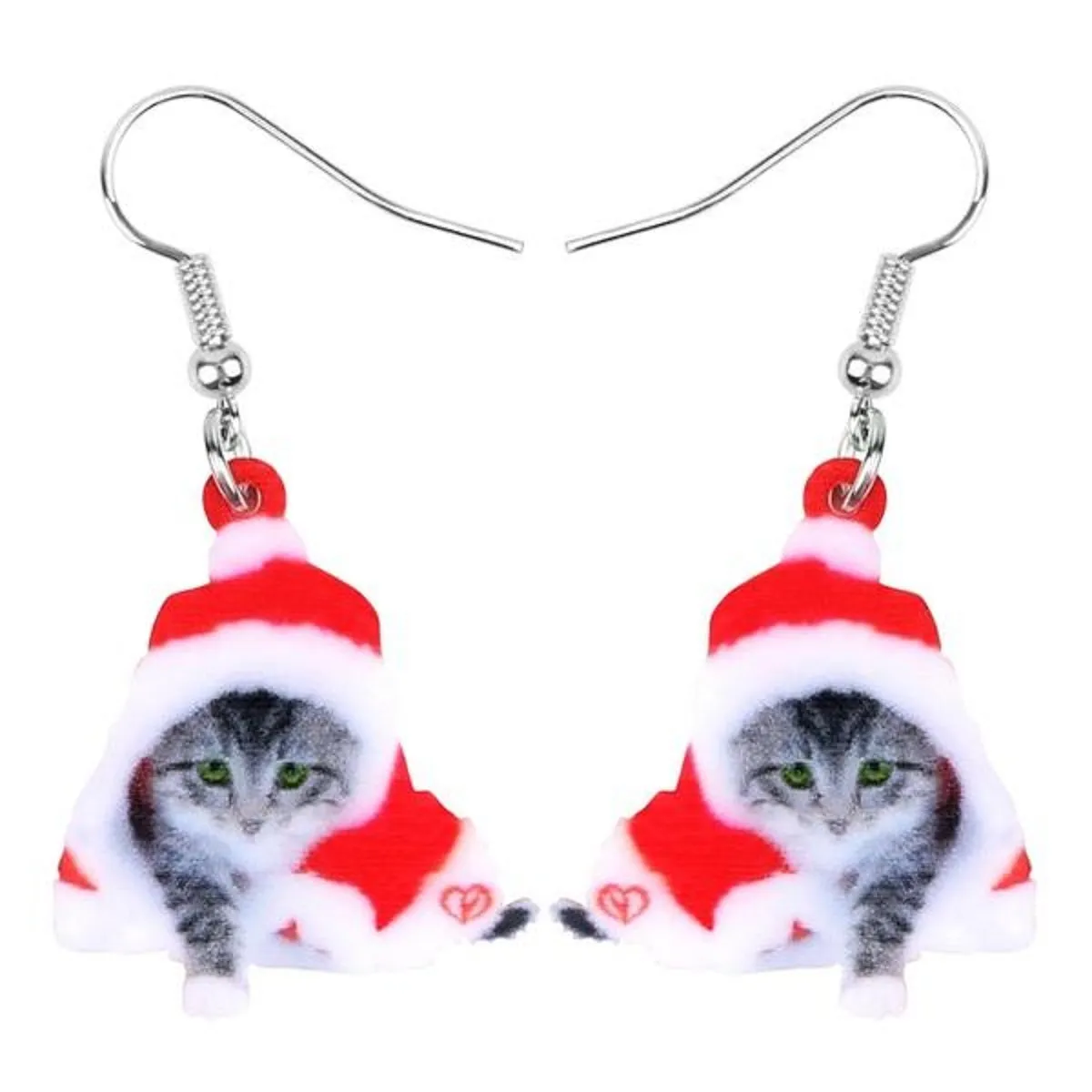 Red Acrylic Christmas Kitten Earrings - One Pair with Random Design and Color