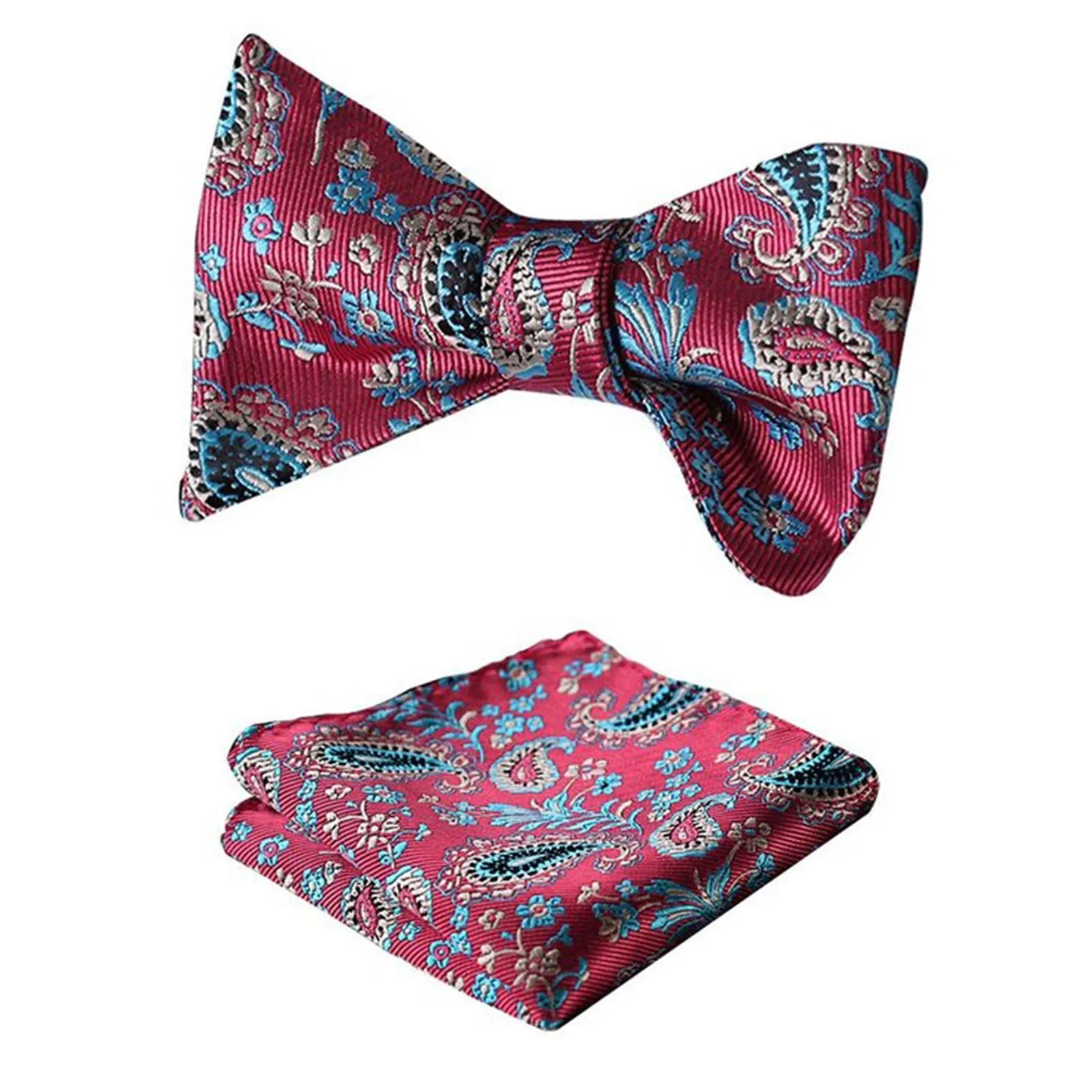 Red Blue Paisley Mens Silk Self tie Bow Tie with Pocket Squares Set