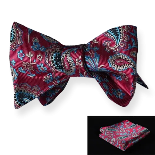Red Blue Paisley Mens Silk Self tie Bow Tie with Pocket Squares Set