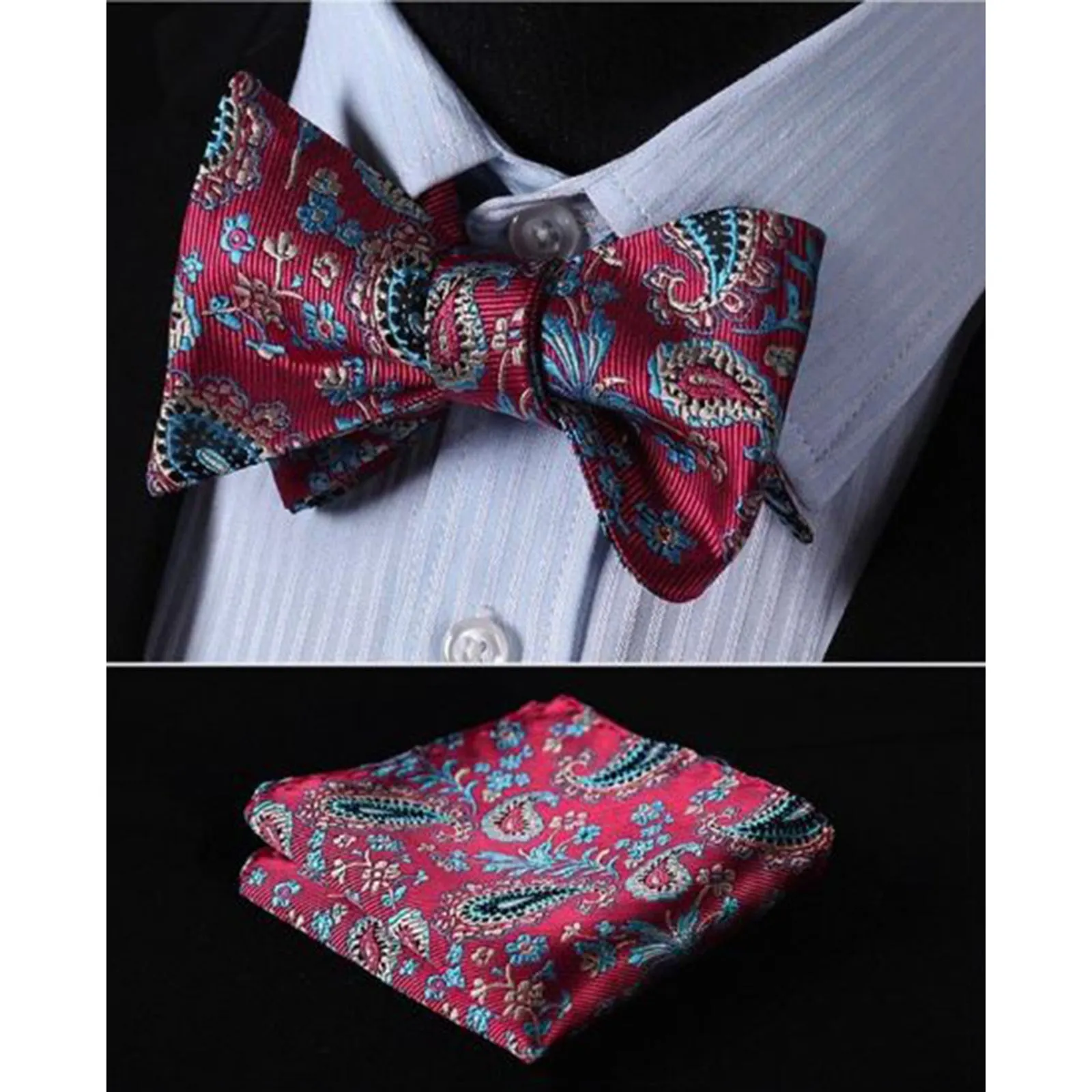 Red Blue Paisley Mens Silk Self tie Bow Tie with Pocket Squares Set