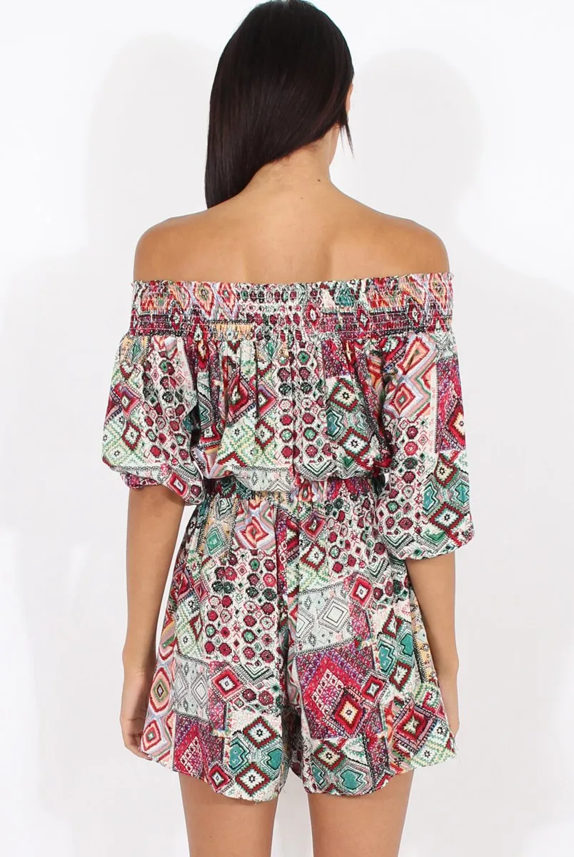 Red Printed Bardot Playsuit - Susannah