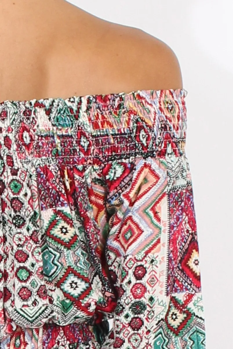 Red Printed Bardot Playsuit - Susannah
