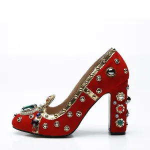 Retro Rhinestone Pearl Embellished Women Pumps Suede Leather Block Heel Vintage Formal Party Shoes