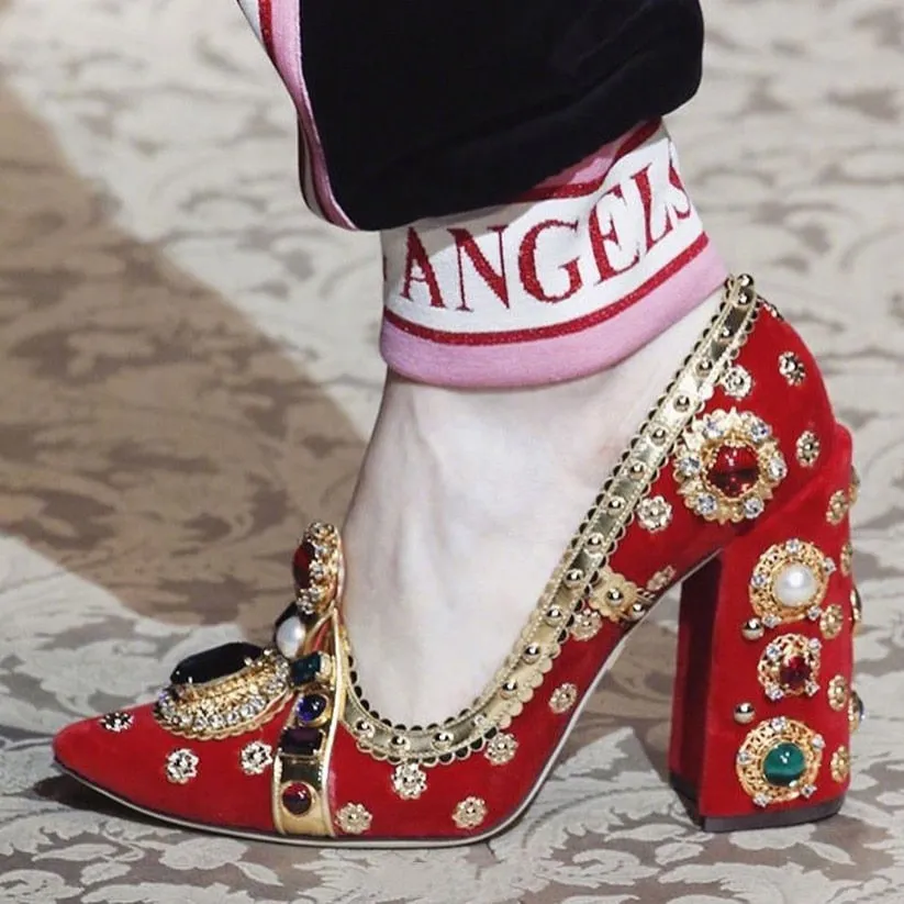 Retro Rhinestone Pearl Embellished Women Pumps Suede Leather Block Heel Vintage Formal Party Shoes