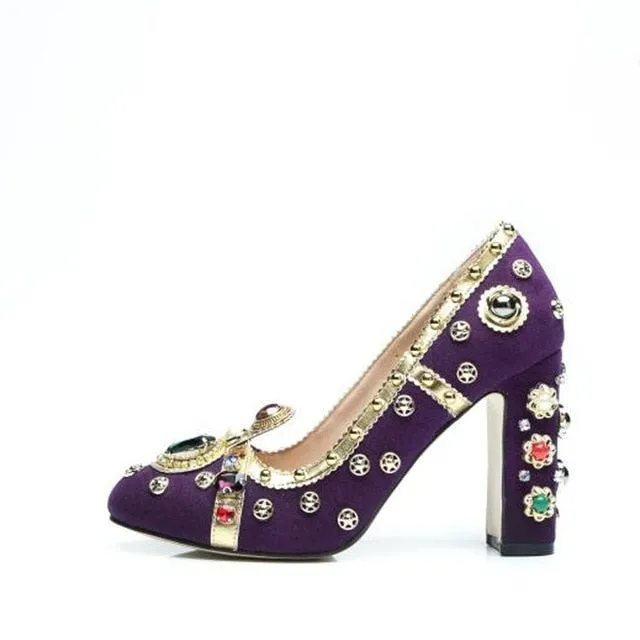 Retro Rhinestone Pearl Embellished Women Pumps Suede Leather Block Heel Vintage Formal Party Shoes