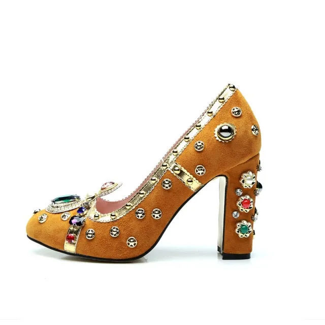 Retro Rhinestone Pearl Embellished Women Pumps Suede Leather Block Heel Vintage Formal Party Shoes