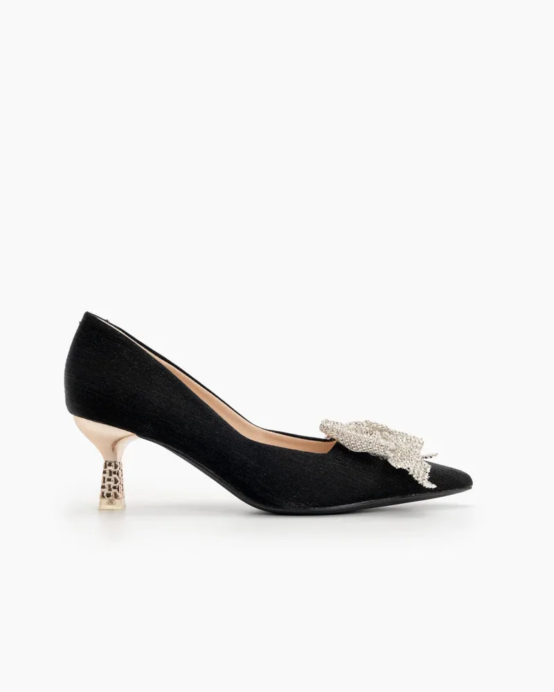 Rhinestone Bowknot Pointed Toe Kitten Heel Pumps