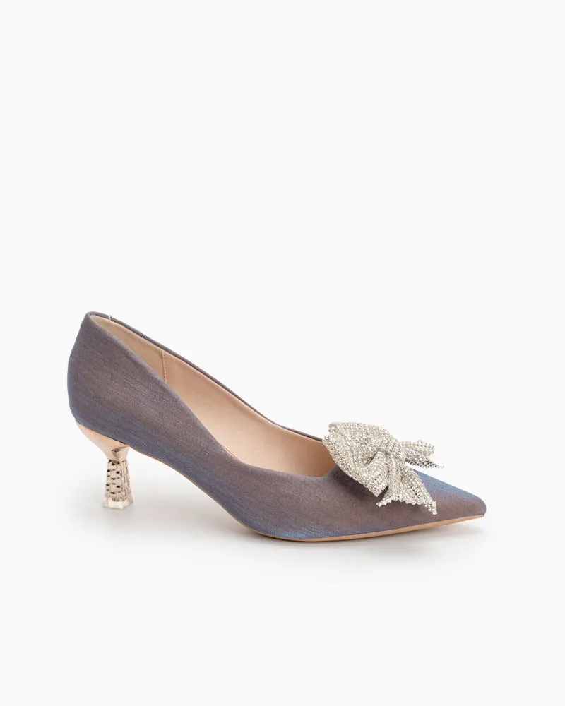 Rhinestone Bowknot Pointed Toe Kitten Heel Pumps