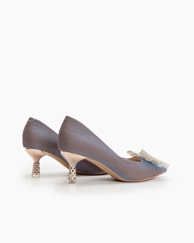 Rhinestone Bowknot Pointed Toe Kitten Heel Pumps