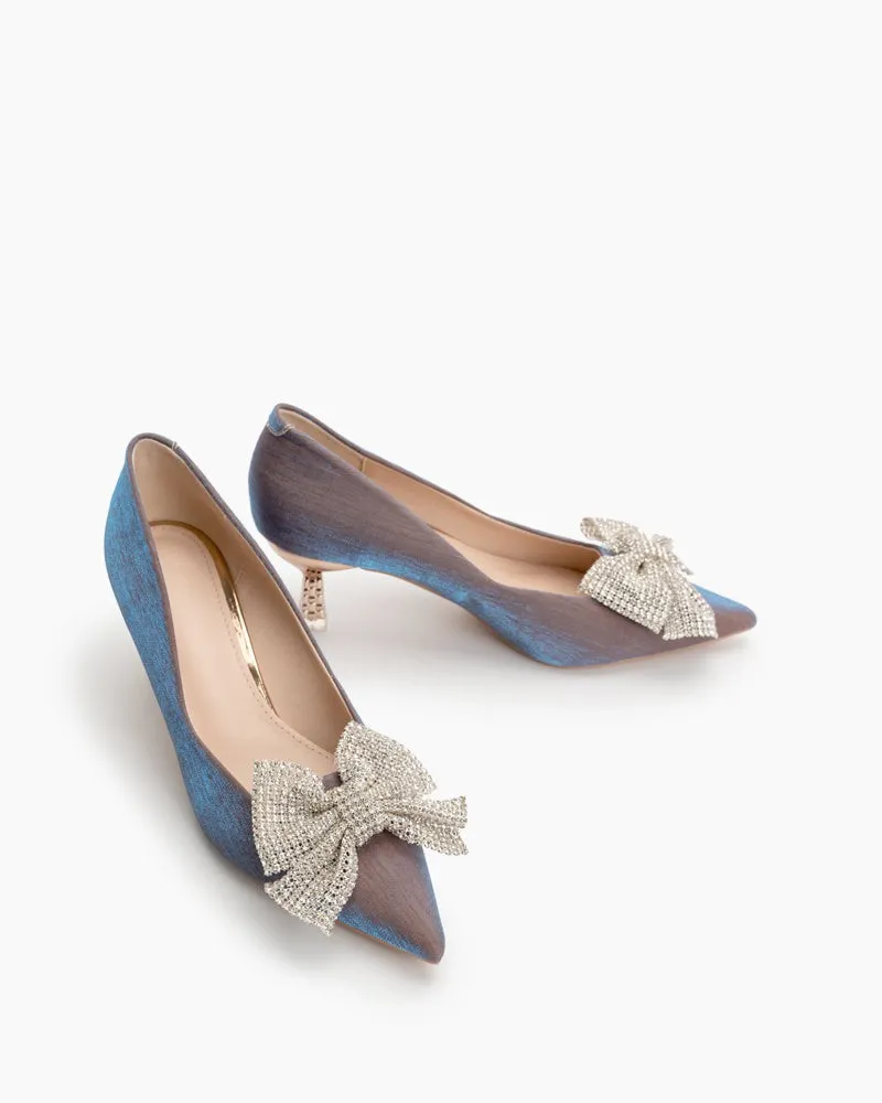 Rhinestone Bowknot Pointed Toe Kitten Heel Pumps