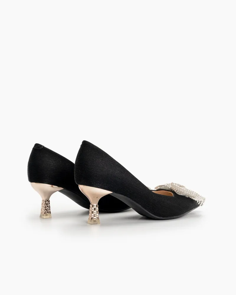 Rhinestone Bowknot Pointed Toe Kitten Heel Pumps