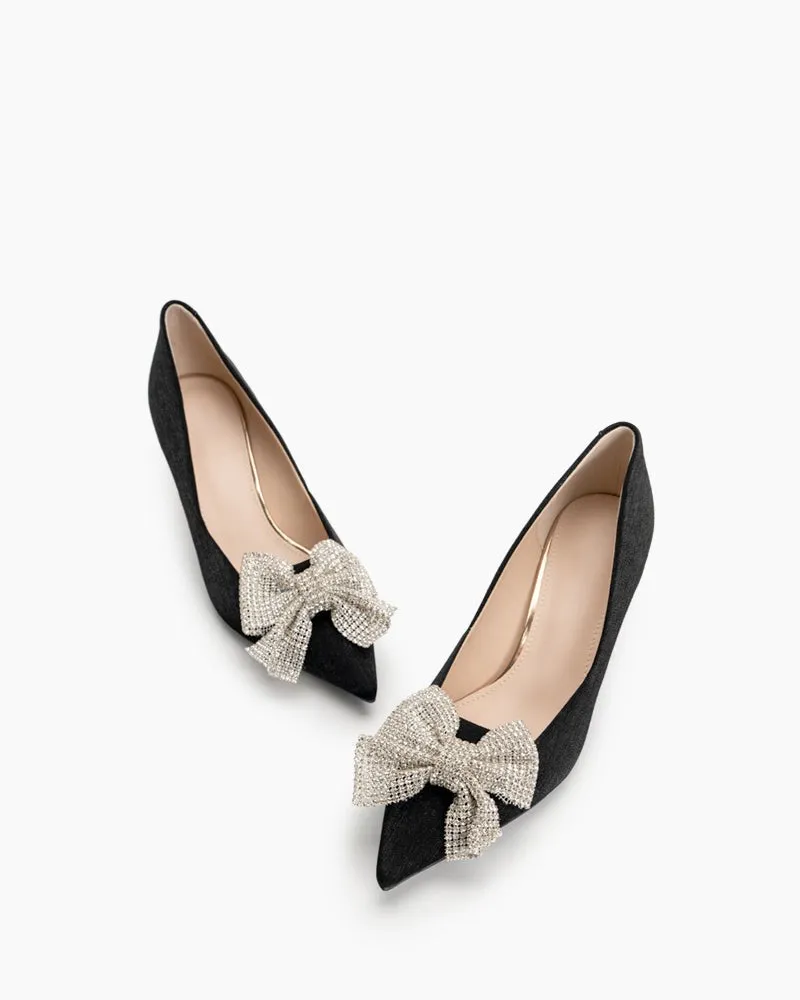 Rhinestone Bowknot Pointed Toe Kitten Heel Pumps