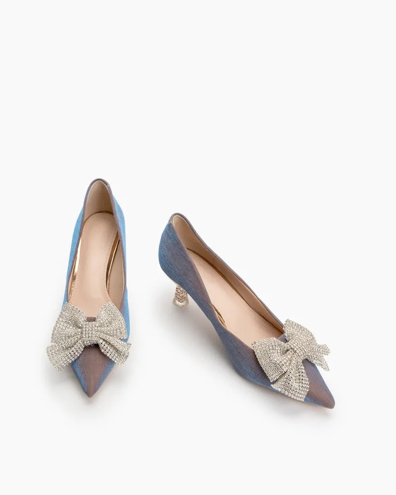 Rhinestone Bowknot Pointed Toe Kitten Heel Pumps