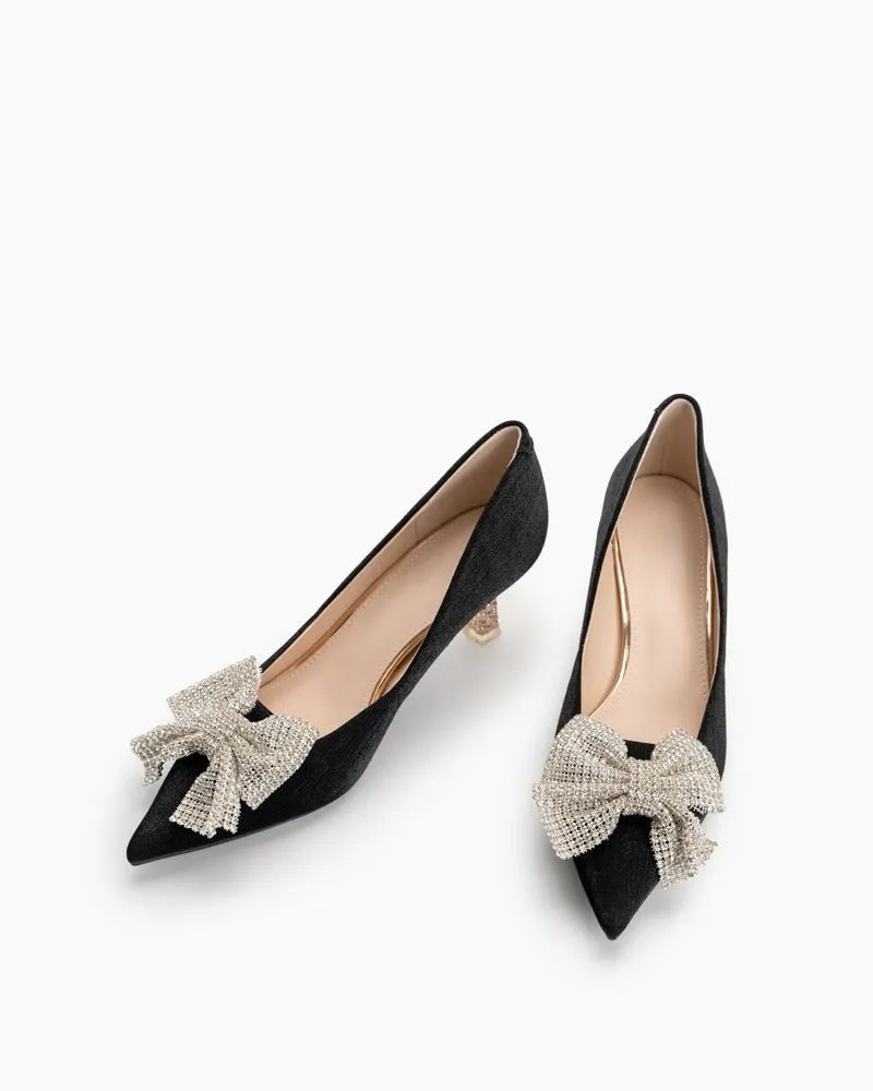 Rhinestone Bowknot Pointed Toe Kitten Heel Pumps