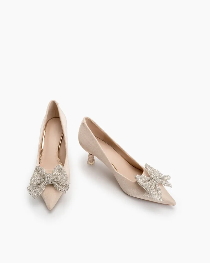 Rhinestone Bowknot Pointed Toe Kitten Heel Pumps