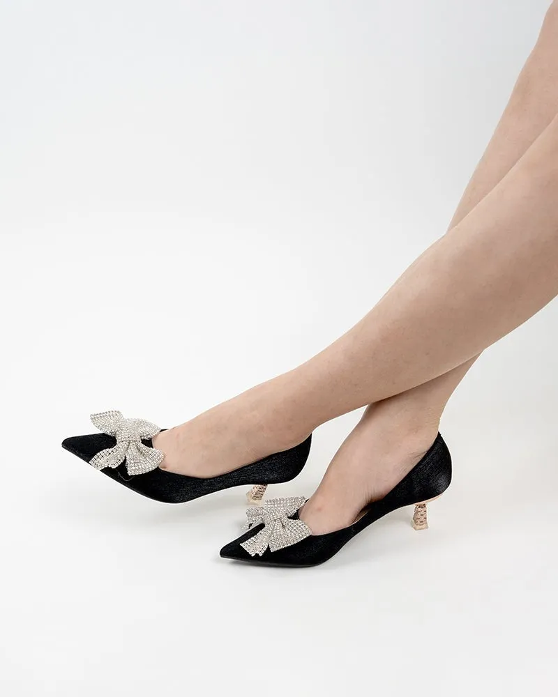 Rhinestone Bowknot Pointed Toe Kitten Heel Pumps