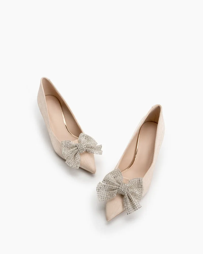 Rhinestone Bowknot Pointed Toe Kitten Heel Pumps