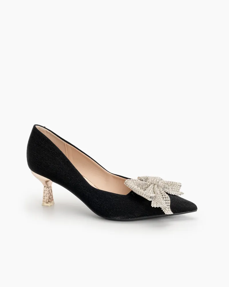 Rhinestone Bowknot Pointed Toe Kitten Heel Pumps