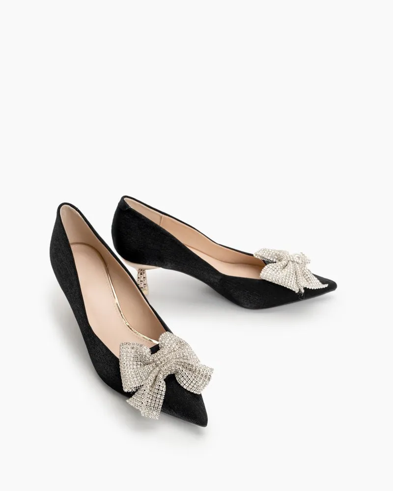 Rhinestone Bowknot Pointed Toe Kitten Heel Pumps