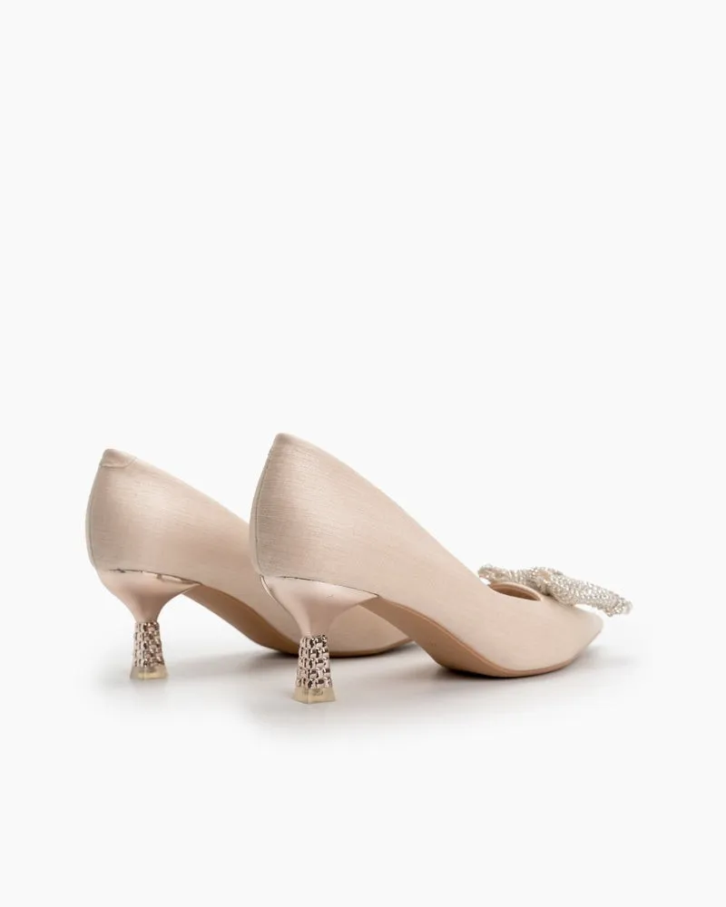 Rhinestone Bowknot Pointed Toe Kitten Heel Pumps