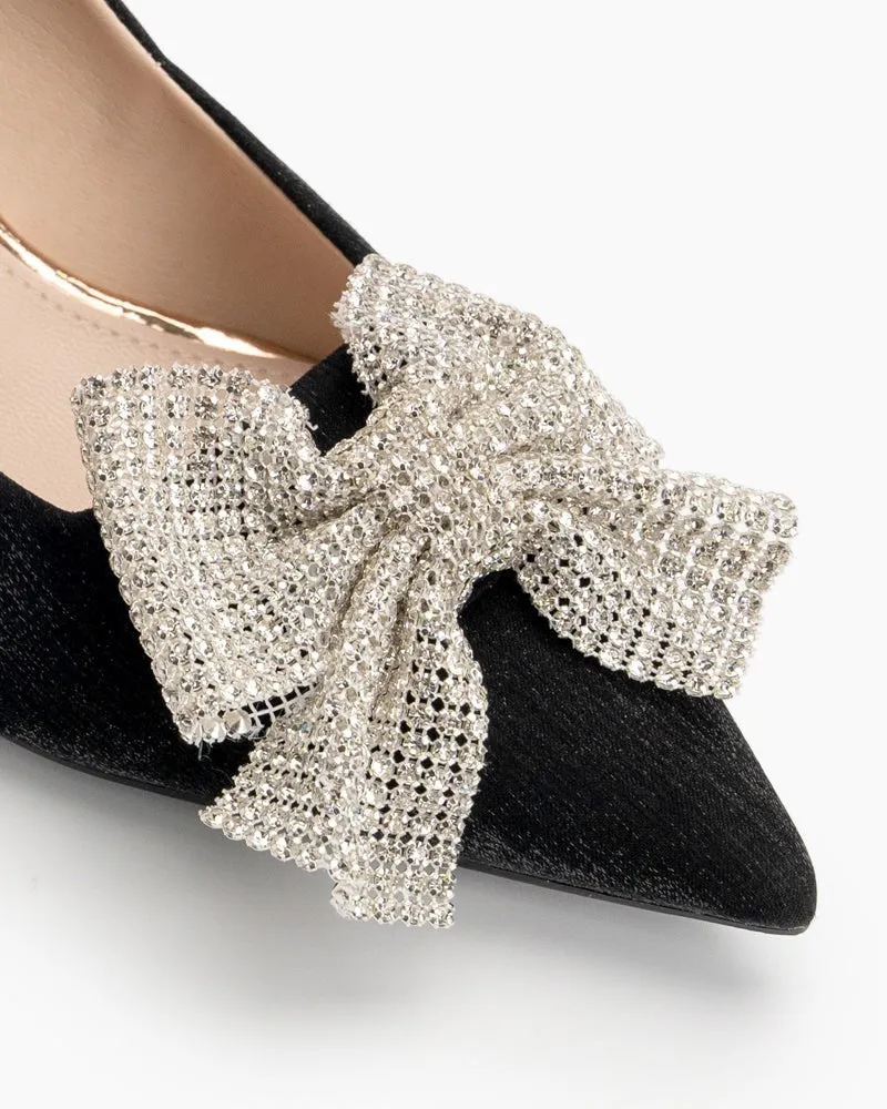 Rhinestone Bowknot Pointed Toe Kitten Heel Pumps