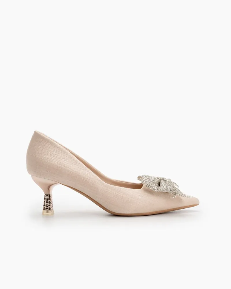Rhinestone Bowknot Pointed Toe Kitten Heel Pumps