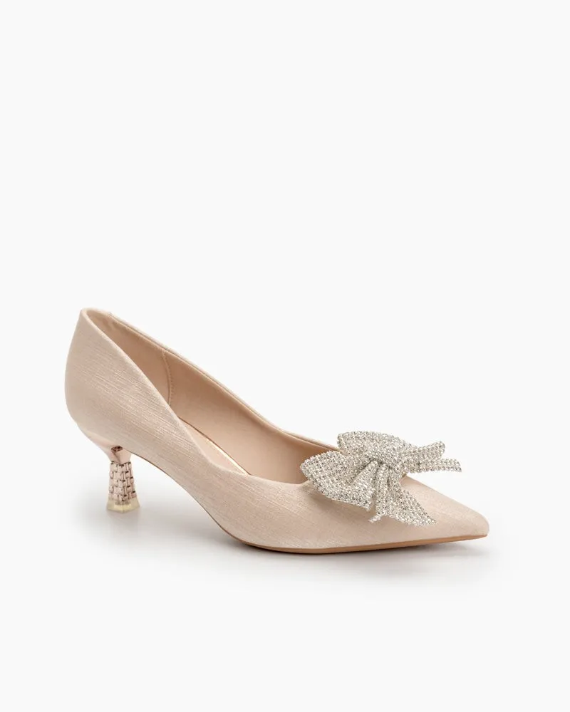 Rhinestone Bowknot Pointed Toe Kitten Heel Pumps