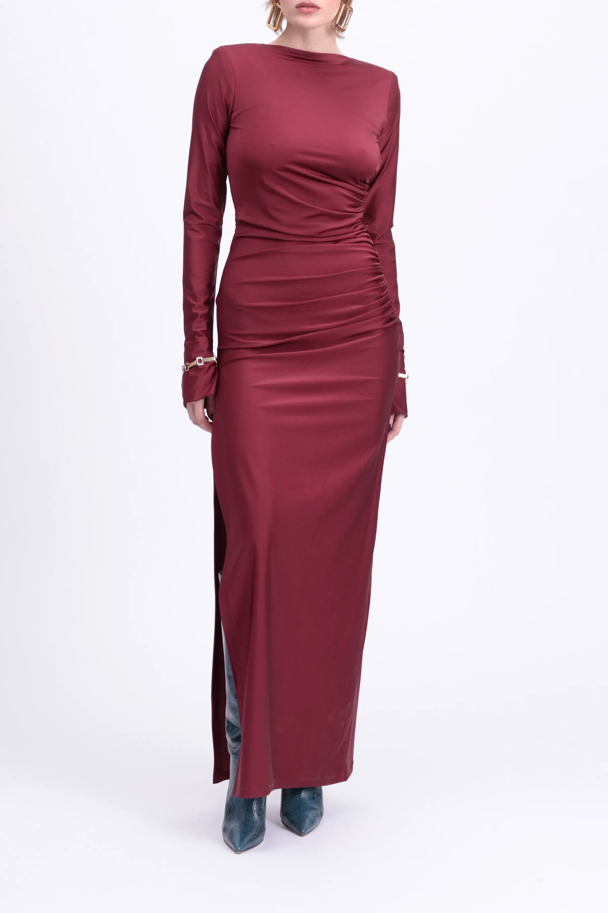 ROMANE CHAIN-EMBELLISHED RUCHED STRETCH-JERSEY MAXI DRESS