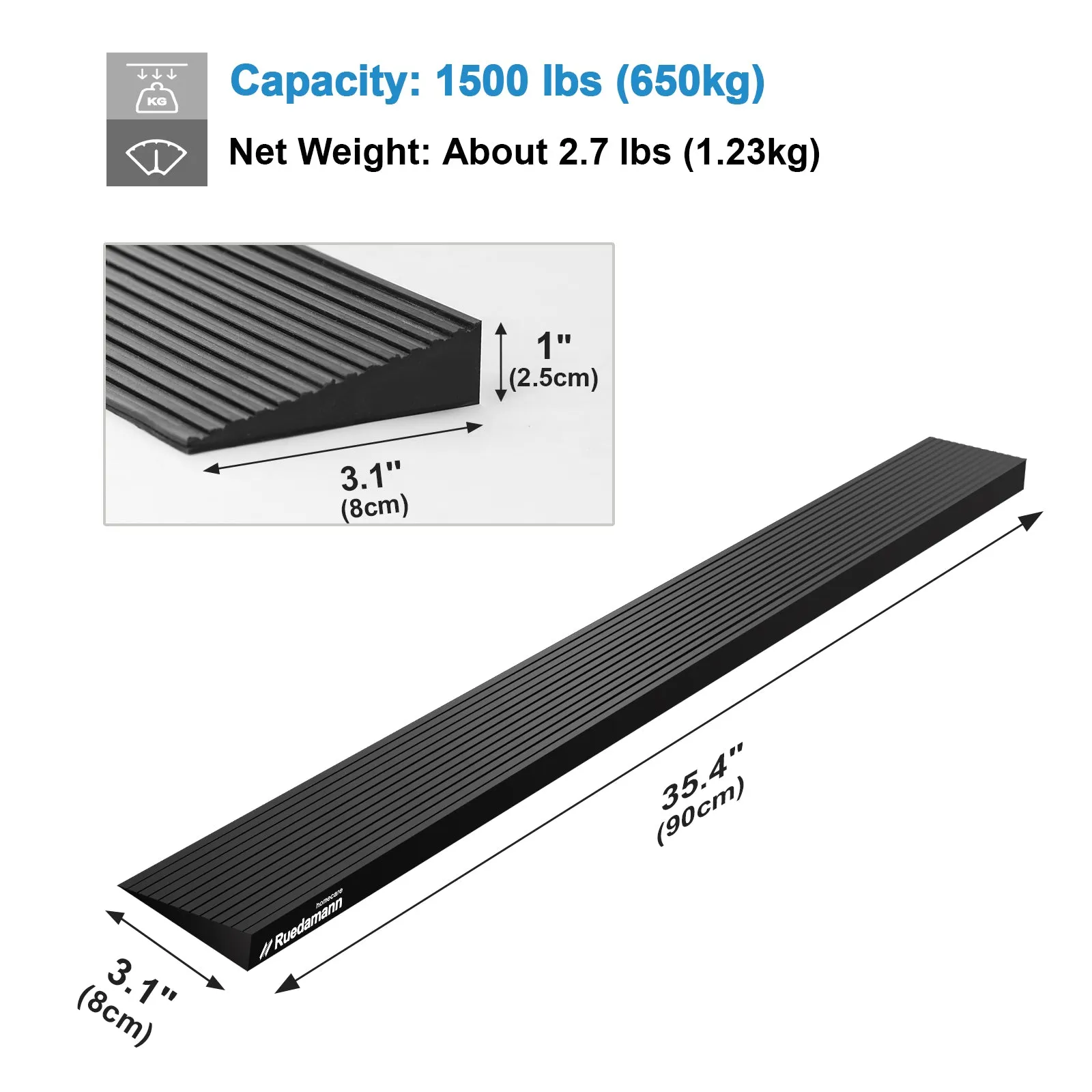 Ruedamann® Solid Rubber Threshold Ramp 35.4" Wide Non-Slip Wheelchair Ramp