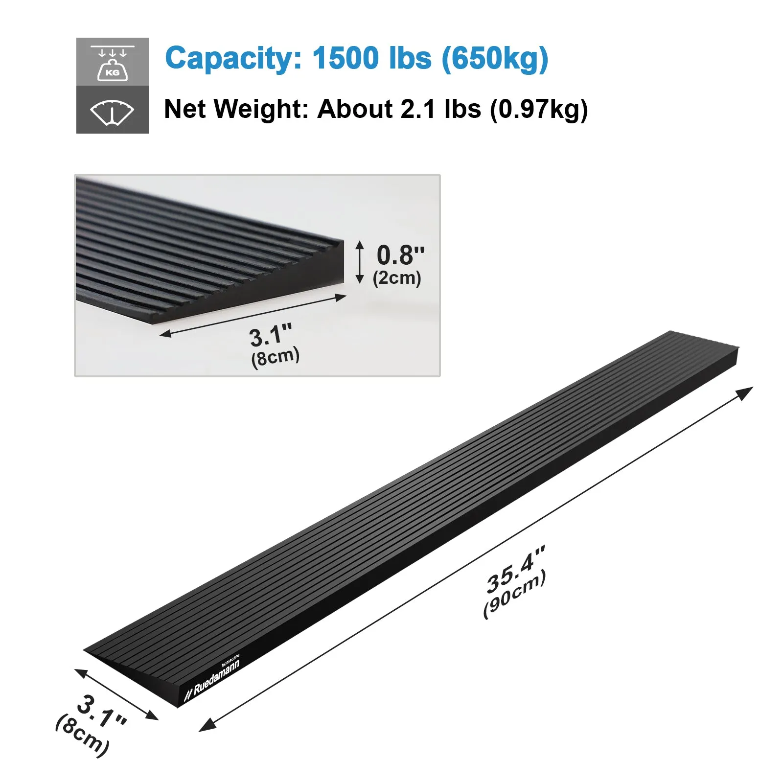 Ruedamann® Solid Rubber Threshold Ramp 35.4" Wide Non-Slip Wheelchair Ramp