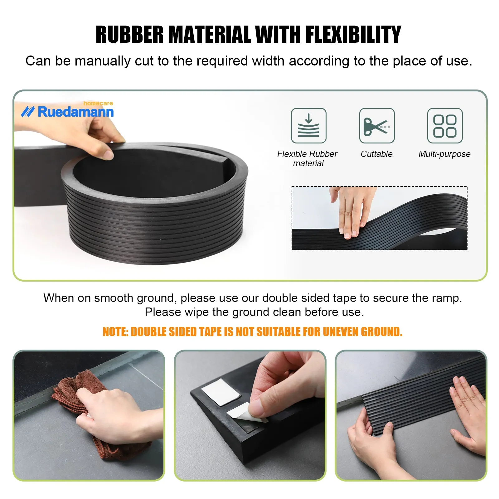 Ruedamann® Solid Rubber Threshold Ramp 35.4" Wide Non-Slip Wheelchair Ramp