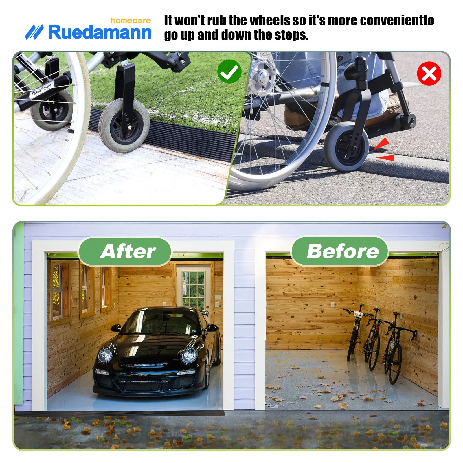 Ruedamann® Solid Rubber Threshold Ramp 35.4" Wide Non-Slip Wheelchair Ramp