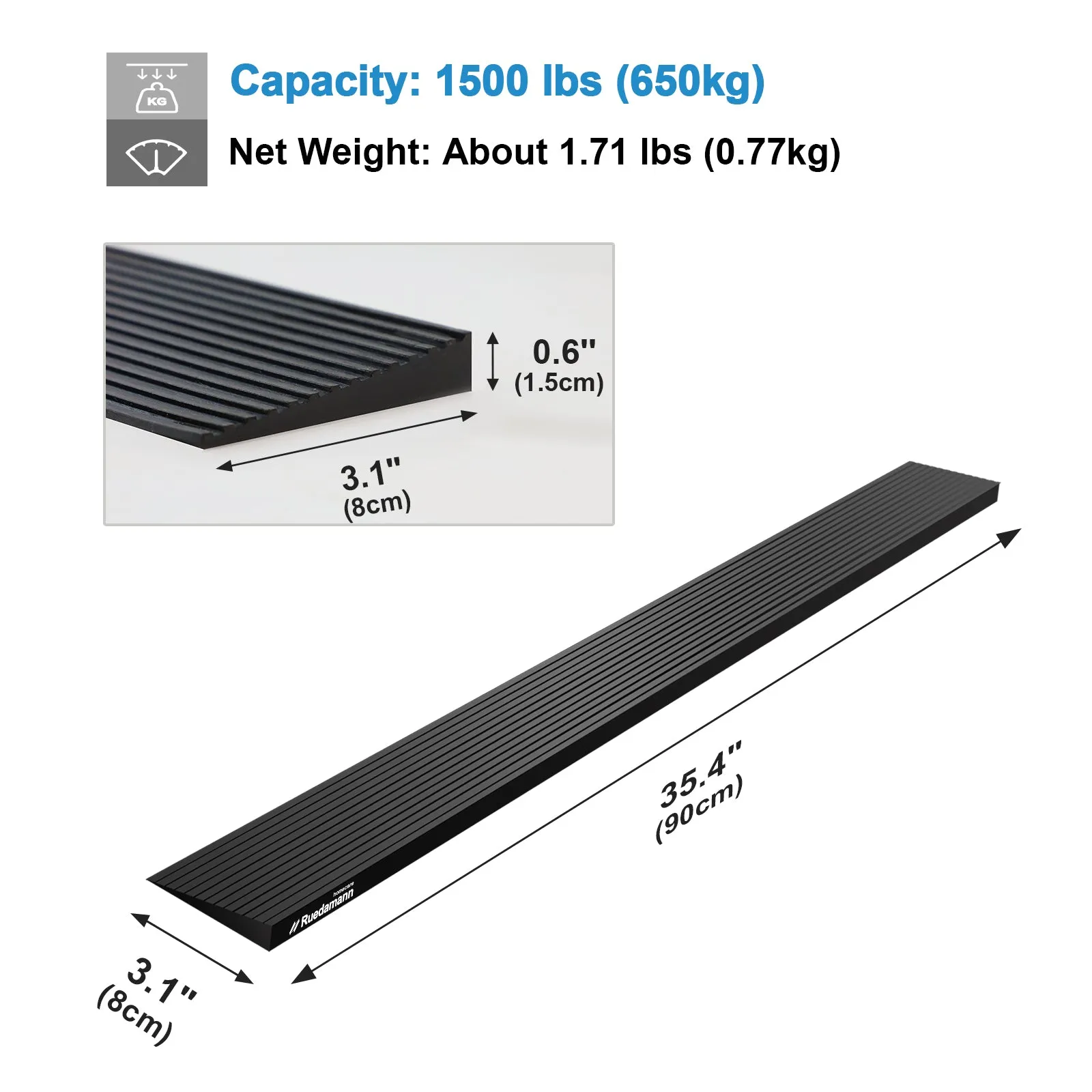 Ruedamann® Solid Rubber Threshold Ramp 35.4" Wide Non-Slip Wheelchair Ramp