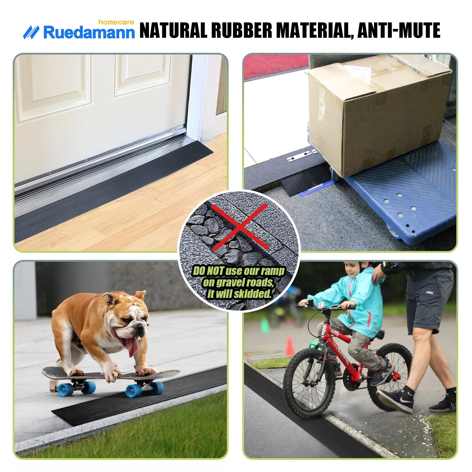 Ruedamann® Solid Rubber Threshold Ramp 35.4" Wide Non-Slip Wheelchair Ramp