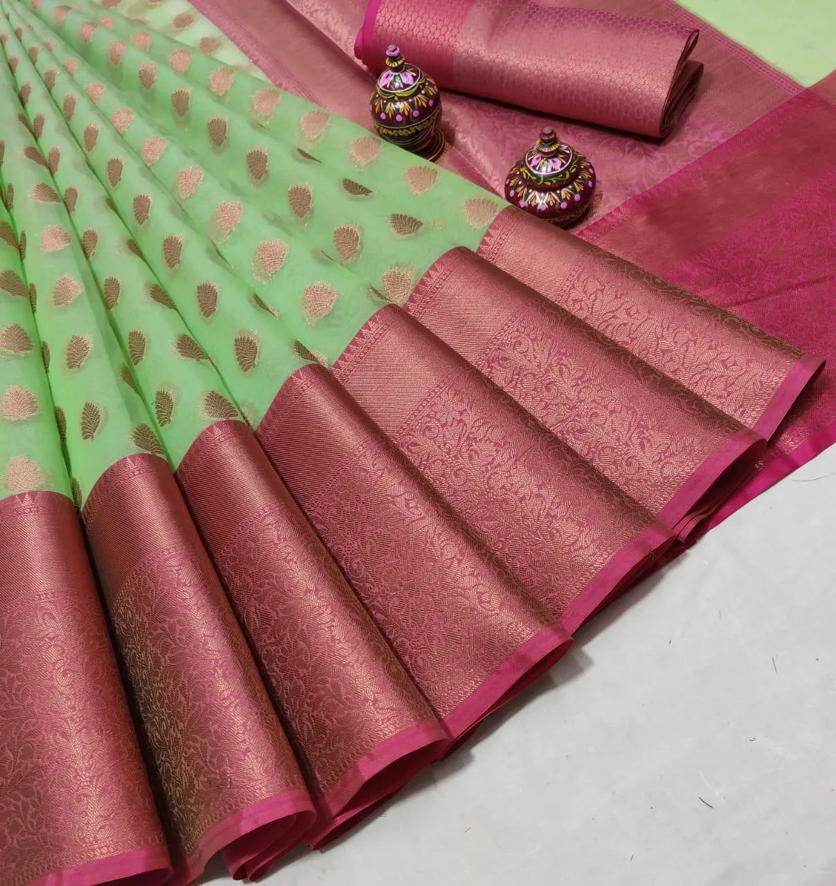 Sea Green Banarasi Kora Silk Sari