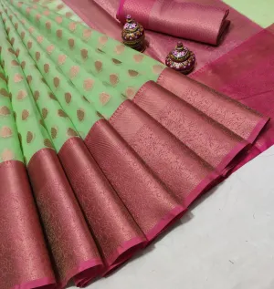 Sea Green Banarasi Kora Silk Sari