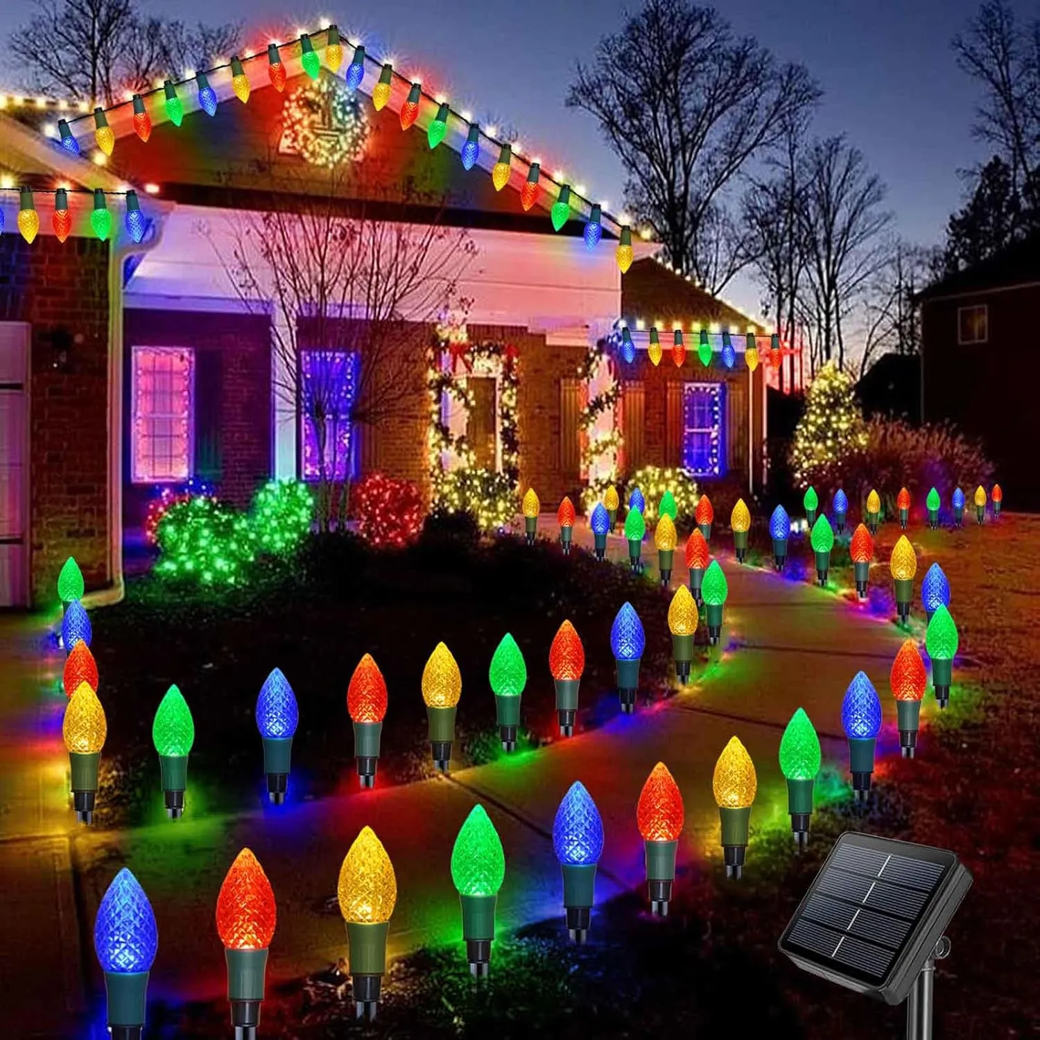 Solar Christmas Lights Pathway 20 Led C9 Outdoor 2024 Newest 2-In-1 String