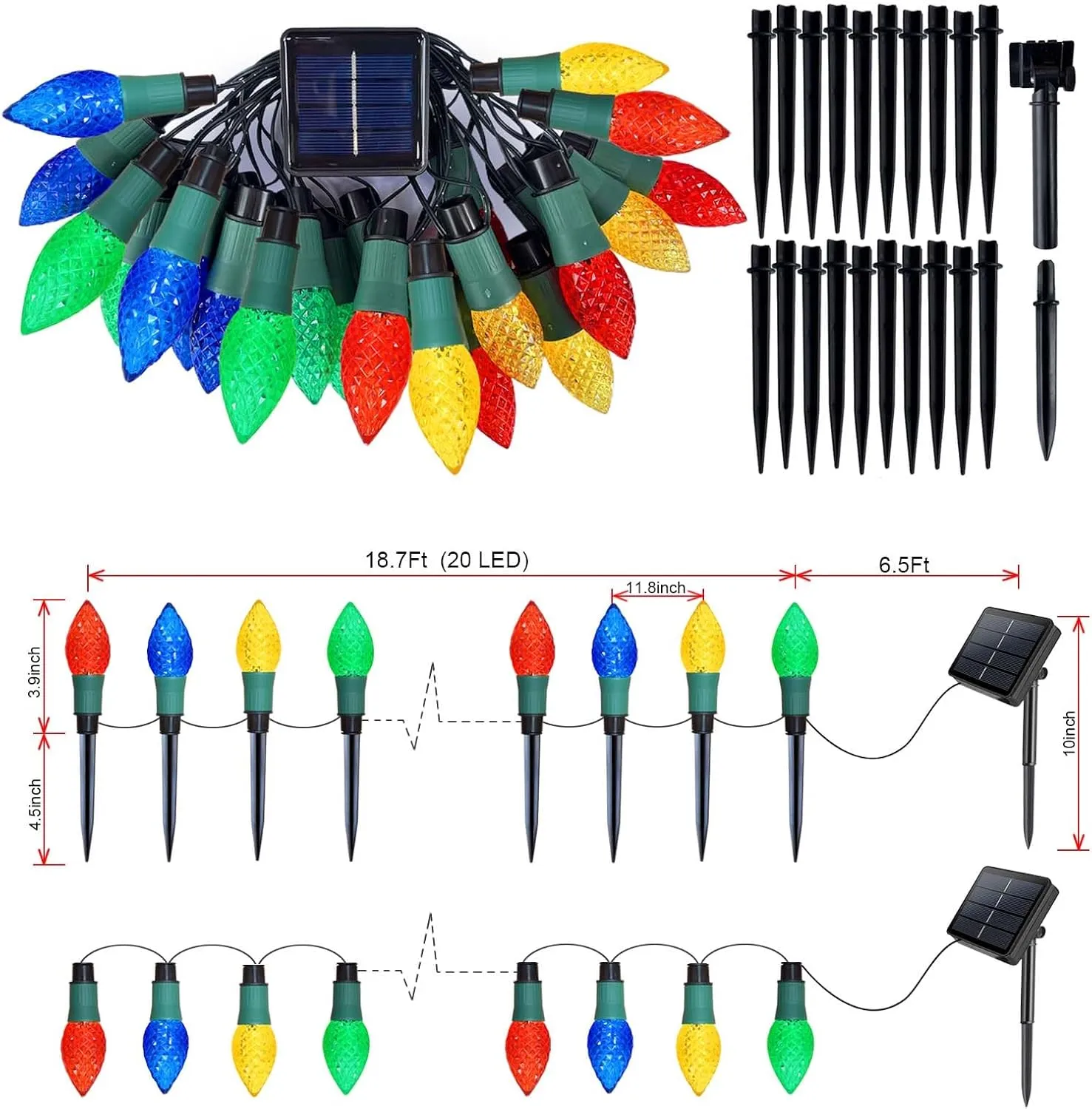 Solar Christmas Lights Pathway 20 Led C9 Outdoor 2024 Newest 2-In-1 String