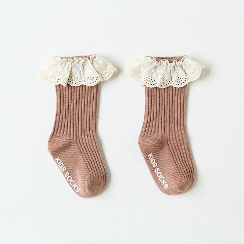 Solid Color Lace Non-Slip Socks for Baby Girls