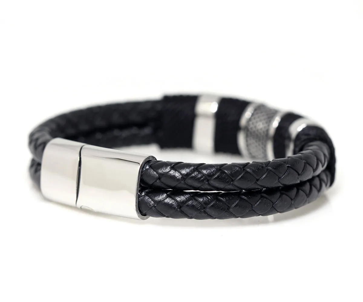 Stainless Steel Black Braided Leather Bracelet