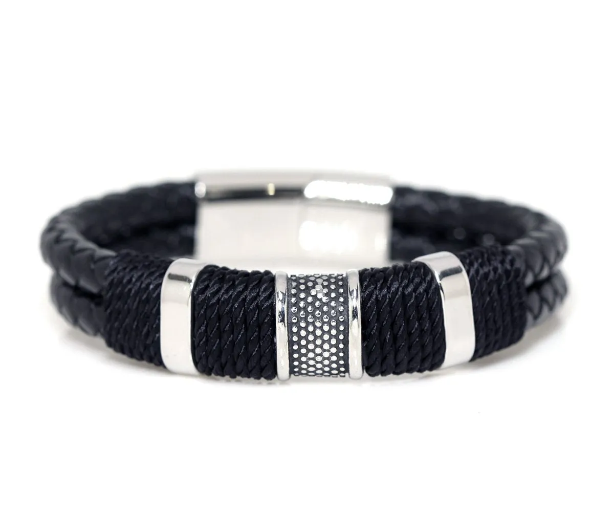Stainless Steel Black Braided Leather Bracelet