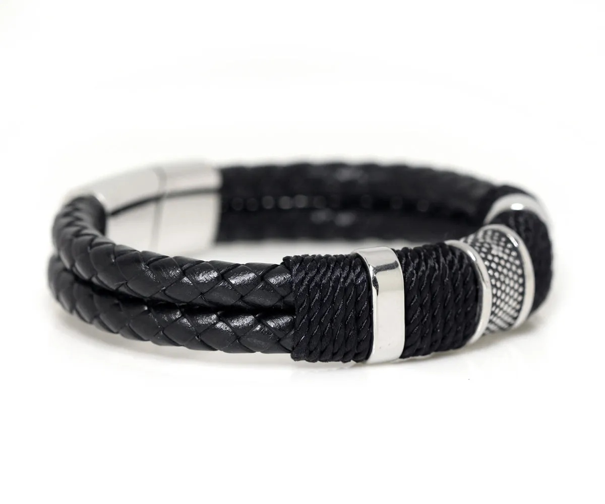 Stainless Steel Black Braided Leather Bracelet