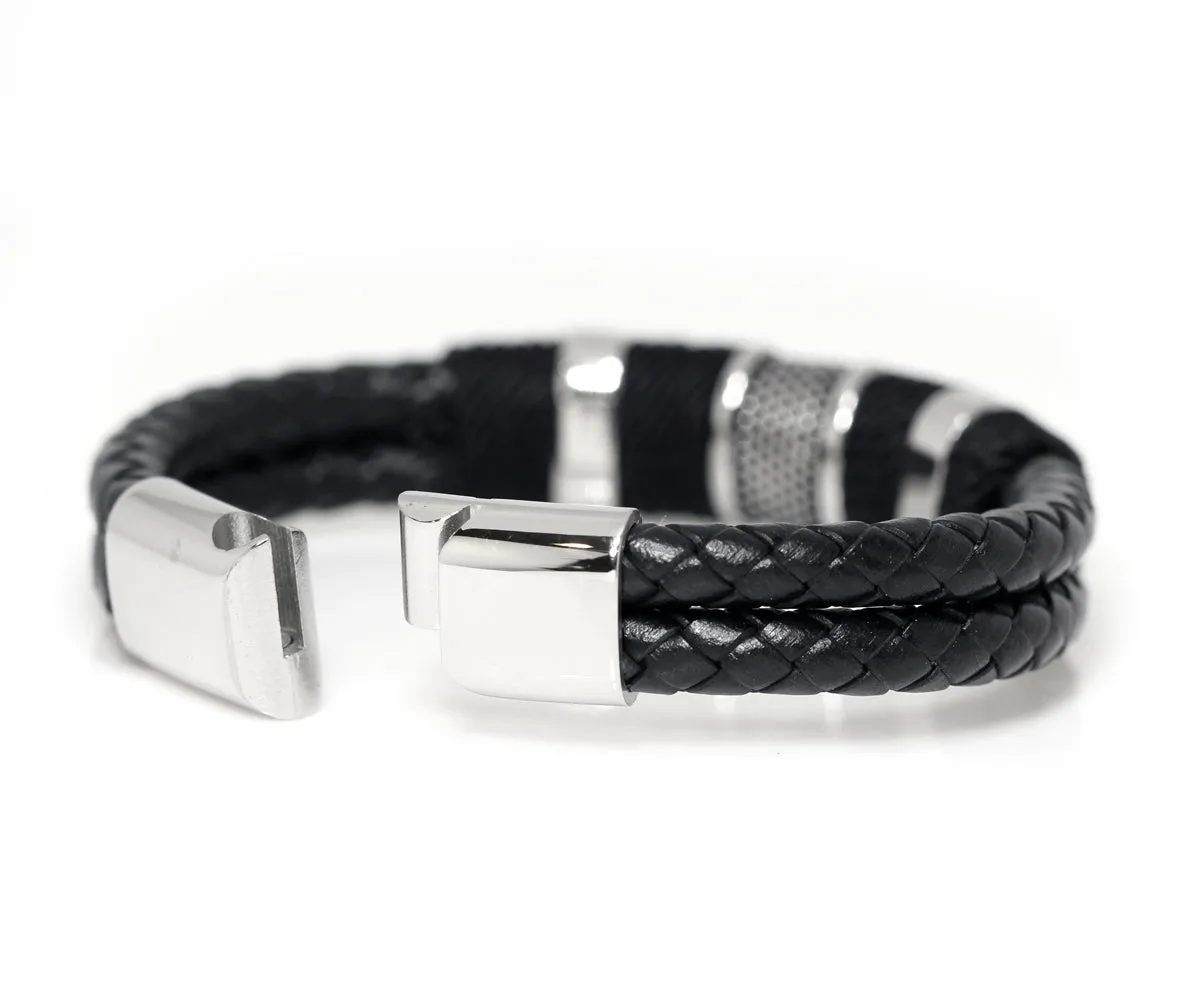 Stainless Steel Black Braided Leather Bracelet