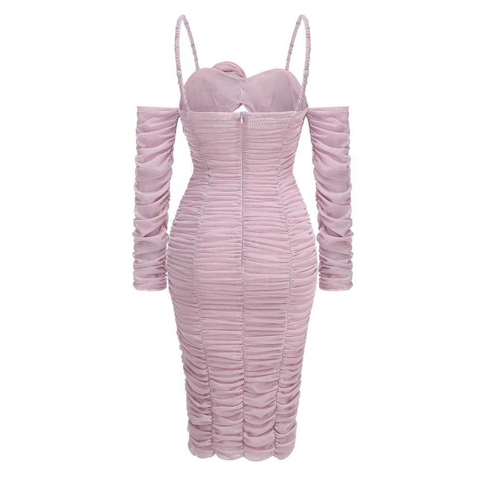 Strappy Long Sleeve Wrinkled Over Knee Dress KLYF1210