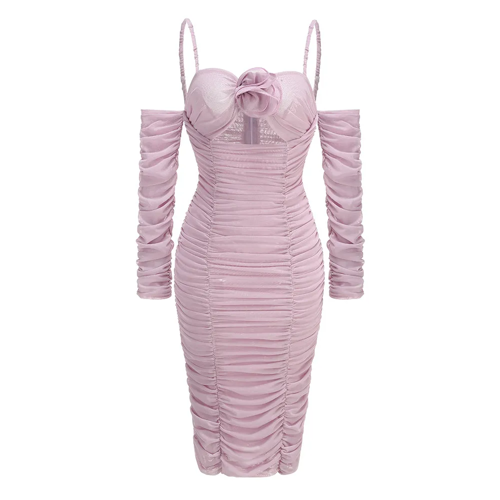 Strappy Long Sleeve Wrinkled Over Knee Dress KLYF1210